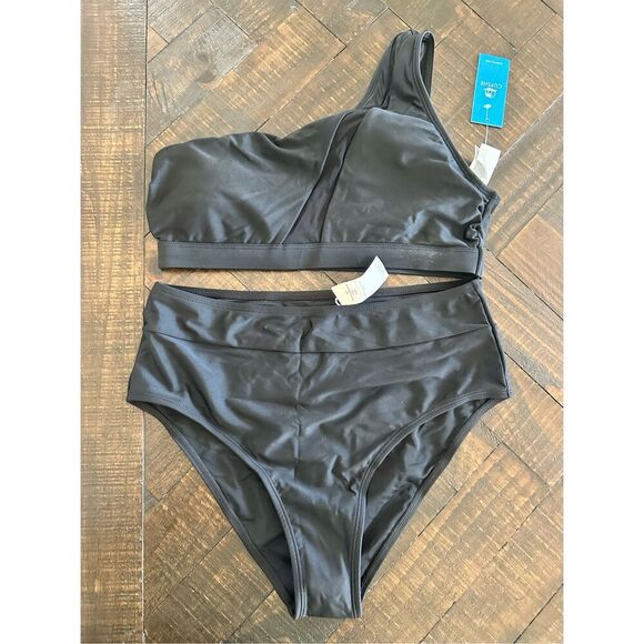 Cupshe Black One Shoulder Sheer Stripe Bikini Size Medium New - Picture 4 of 5